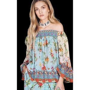Anthropologie Ruby Yaya Off Shoulder Floral Beaded Oversized Peasant Top Boho XS